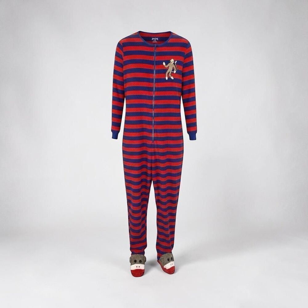 Nick & Nora Fleece Sock Monkey Zip Up Pajama Jumpsuit - Unisex Size M